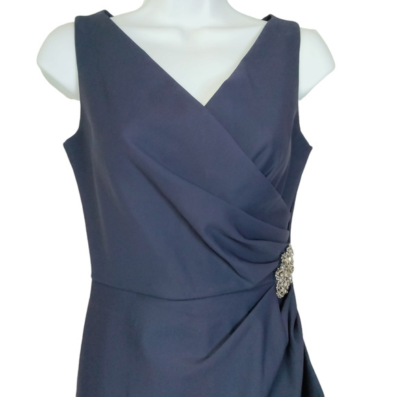 Alex Evenings Dress Womens 2 Blue Side Draped Rhinestone Brooch Wrap NEW - Picture 5 of 10